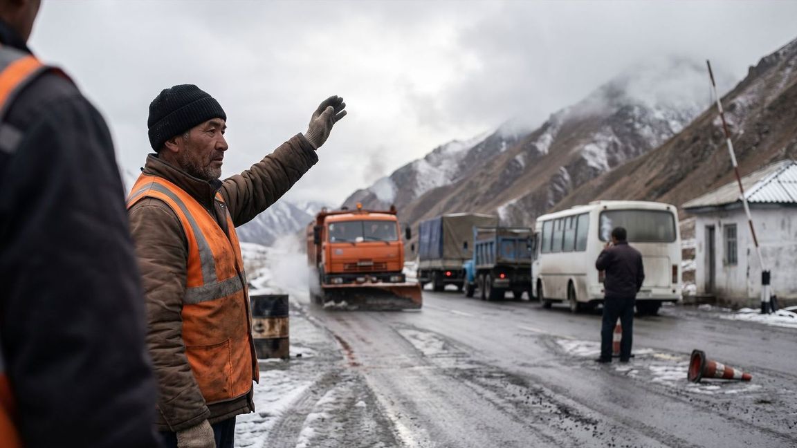 First snow at the summit of the Fergana Gateway: a plough clears the road and traffic is waved on