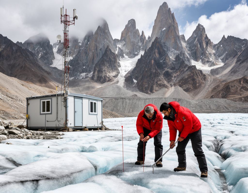 Observatory staff setting a measuring stake in a glacier below Manas Peak